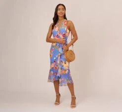 Adrianna Papell Floral Print Faux Wrap Halter Dress With Ruffle Details In Peri Multi