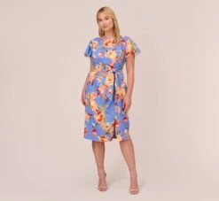 Adrianna Papell Plus Size Flutter Sleeve Floral Print Dress With Tie Front In Peri Multi