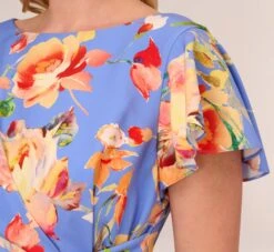 Adrianna Papell Plus Size Flutter Sleeve Floral Print Dress With Tie Front In Peri Multi -Allure Attire AP1D105008 AC494 Plus Detail