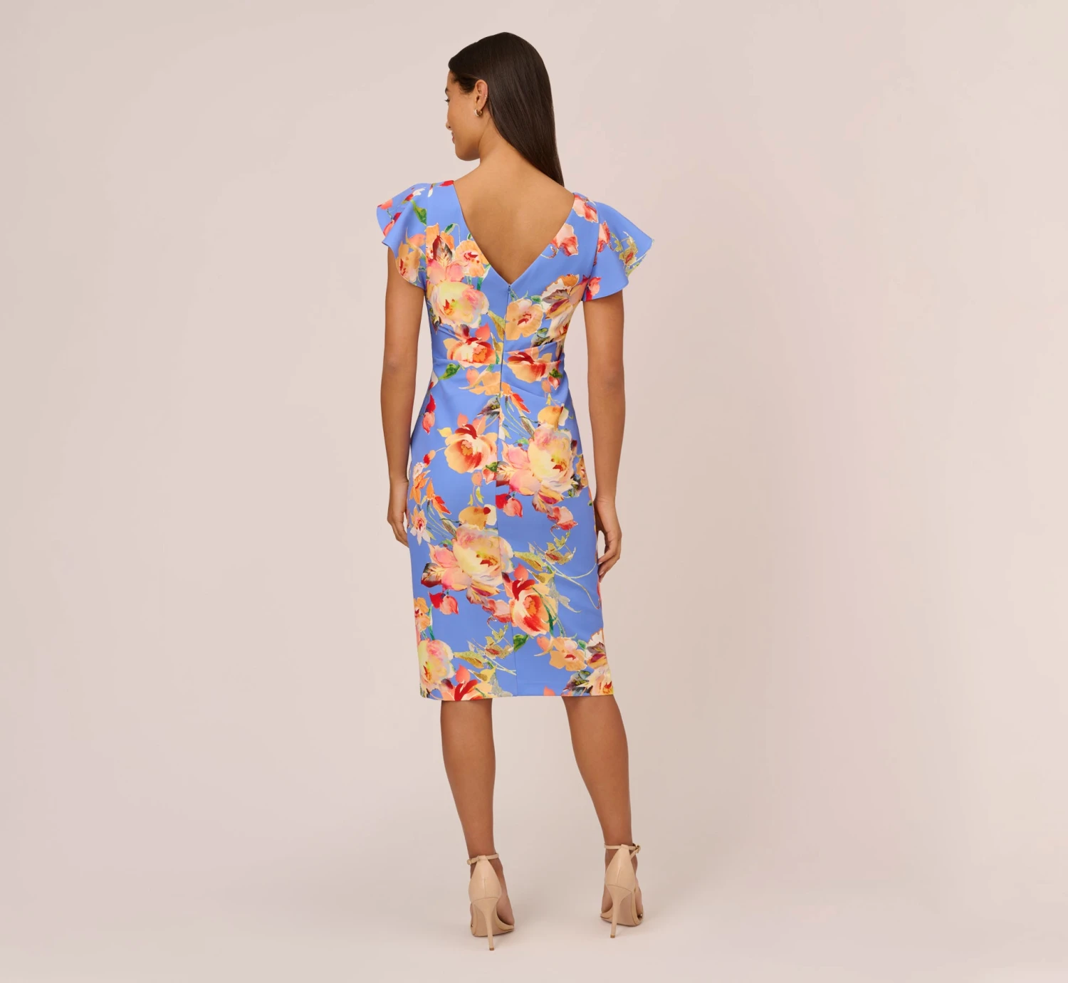 Adrianna Papell Flutter Sleeve Floral Print Dress With Tie Front In Peri Multi 4 Adrianna Papell Flutter Sleeve Floral Print Dress With Tie Front In Peri Multi - Image 4
