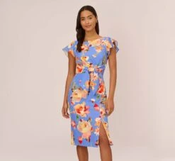 Adrianna Papell Flutter Sleeve Floral Print Dress With Tie Front In Peri Multi