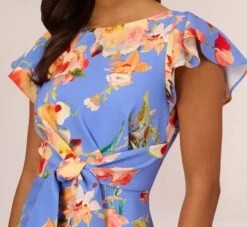 Adrianna Papell Flutter Sleeve Floral Print Dress With Tie Front In Peri Multi 11 Adrianna Papell Flutter Sleeve Floral Print Dress With Tie Front In Peri Multi -Allure Attire AP1D105008 AC494 Regular Detail