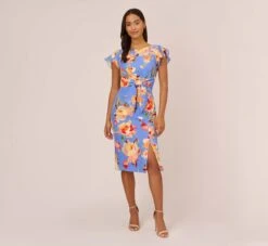 Adrianna Papell Flutter Sleeve Floral Print Dress With Tie Front In Peri Multi 13 Adrianna Papell Flutter Sleeve Floral Print Dress With Tie Front In Peri Multi -Allure Attire AP1D105008 AC494 Regular Front