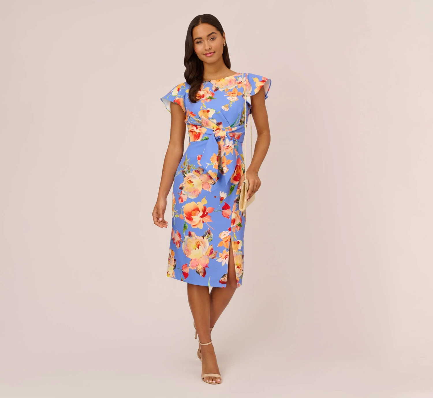 Adrianna Papell Flutter Sleeve Floral Print Dress With Tie Front In Peri Multi 2 Adrianna Papell Flutter Sleeve Floral Print Dress With Tie Front In Peri Multi - Image 2