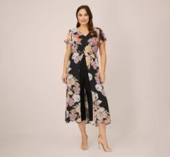 Adrianna Papell Plus Size Floral-Print Chiffon And Jersey Cropped Jumpsuit In Black Multi