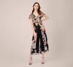 Adrianna Papell Floral-Print Chiffon And Jersey Cropped Jumpsuit In Black Multi