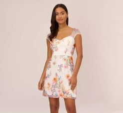 Adrianna Papell Multicolor Floral Embroidered Dress With Sheer Cap Sleeves In Ivory Multi