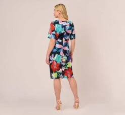 Adrianna Papell Plus Size Floral Knotted Sheath Dress With Elbow-Length Sleeves In Dark Navy Multi 9 Adrianna Papell Plus Size Floral Knotted Sheath Dress With Elbow-Length Sleeves In Dark Navy Multi -Allure Attire AP1D105033 BF410 Plus Back