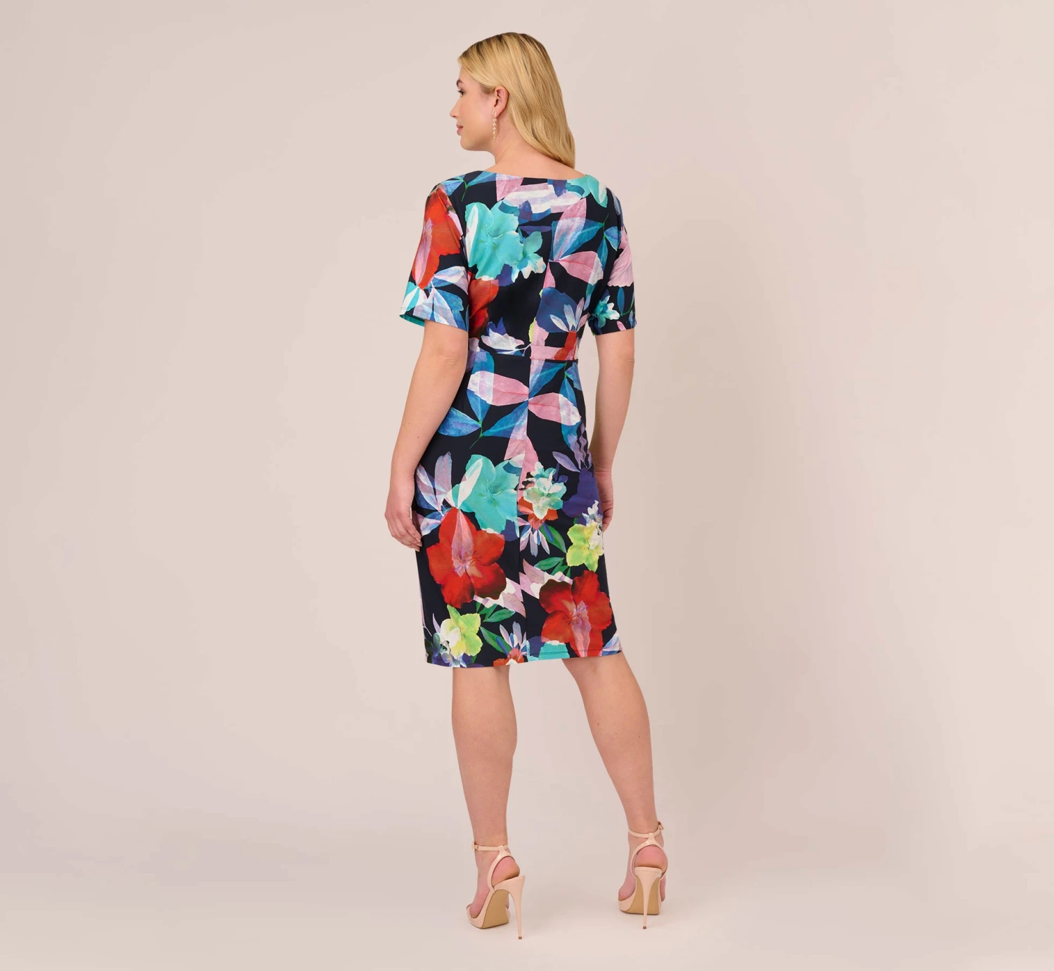 Adrianna Papell Plus Size Floral Knotted Sheath Dress With Elbow-Length Sleeves In Dark Navy Multi 3 Adrianna Papell Plus Size Floral Knotted Sheath Dress With Elbow-Length Sleeves In Dark Navy Multi - Image 3