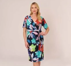 Front Page 3 Adrianna Papell Plus Size Floral Knotted Sheath Dress With Elbow-Length Sleeves In Dark Navy Multi