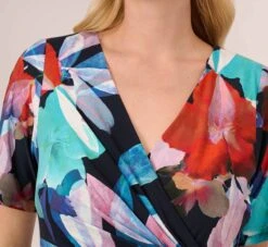 Adrianna Papell Plus Size Floral Knotted Sheath Dress With Elbow-Length Sleeves In Dark Navy Multi 11 Adrianna Papell Plus Size Floral Knotted Sheath Dress With Elbow-Length Sleeves In Dark Navy Multi -Allure Attire AP1D105033 BF410 Plus Detail