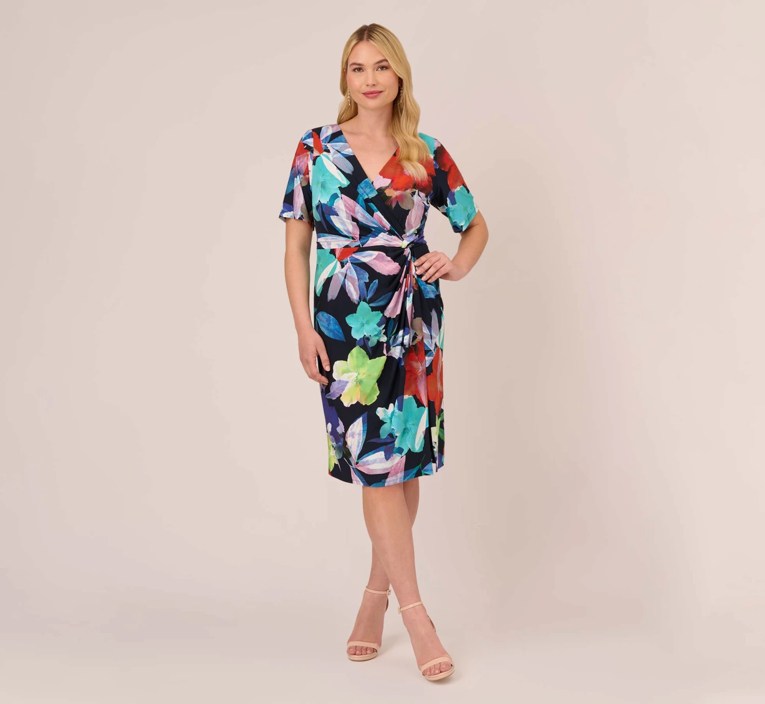 Adrianna Papell Plus Size Floral Knotted Sheath Dress With Elbow-Length Sleeves In Dark Navy Multi 6 Adrianna Papell Plus Size Floral Knotted Sheath Dress With Elbow-Length Sleeves In Dark Navy Multi - Image 6