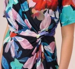 Adrianna Papell Plus Size Floral Knotted Sheath Dress With Elbow-Length Sleeves In Dark Navy Multi 13 Adrianna Papell Plus Size Floral Knotted Sheath Dress With Elbow-Length Sleeves In Dark Navy Multi -Allure Attire AP1D105033 BF410 Plus Lifestyle