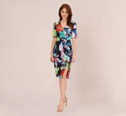 Adrianna Papell Floral Knotted Sheath Dress With Elbow-Length Sleeves In Dark Navy Multi 12 Adrianna Papell Floral Knotted Sheath Dress With Elbow-Length Sleeves In Dark Navy Multi -Allure Attire AP1D105033 BF410 Regular Front