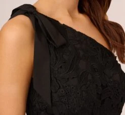 Adrianna Papell One Shoulder Lace Sheath Dress With Bow Accent In Black -Allure Attire AP1D105035 AA002 Regular Detail