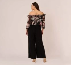 Adrianna Papell Plus Size Off The Shoulder Jumpsuit With Floral Embroidered Bodice In Black Multi -Allure Attire AP1D105037 AA963 Plus Back