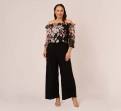 Adrianna Papell Plus Size Off The Shoulder Jumpsuit With Floral Embroidered Bodice In Black Multi