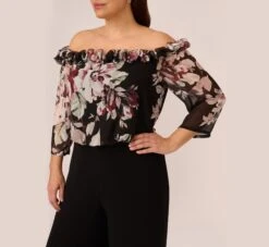 Adrianna Papell Plus Size Off The Shoulder Jumpsuit With Floral Embroidered Bodice In Black Multi -Allure Attire AP1D105037 AA963 Plus Detail