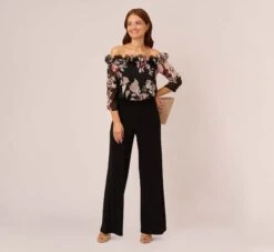 Adrianna Papell Off The Shoulder Jumpsuit With Floral Embroidered Bodice In Black Multi