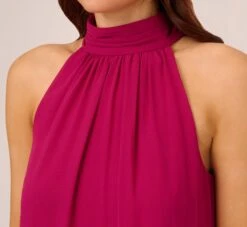 Adrianna Papell Sleeveless Pleated Chiffon Shift Dress With Mock Neckline In Magenta -Allure Attire AP1D105040 AA670 Regular Lifestyle