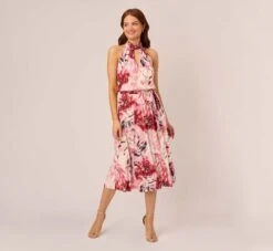 Adrianna Papell Floral Chiffon Midi Dress With Cutout Halter Neckline In Pink Multi