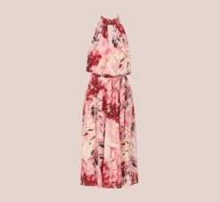 Adrianna Papell Floral Chiffon Midi Dress With Cutout Halter Neckline In Pink Multi -Allure Attire AP1D105041 AE970 Regular Flat