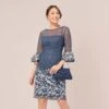 Adrianna Papell Floral Lattice Embroidered Sheath Dress With Sheer Sleeves In Navy Ivory