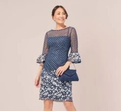 Adrianna Papell Floral Lattice Embroidered Sheath Dress With Sheer Sleeves In Navy Ivory