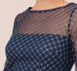 Adrianna Papell Floral Lattice Embroidered Sheath Dress With Sheer Sleeves In Navy Ivory -Allure Attire AP1D105044 BH980 Regular Detail