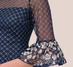 Adrianna Papell Floral Lattice Embroidered Sheath Dress With Sheer Sleeves In Navy Ivory -Allure Attire AP1D105044 BH980 Regular Lifestyle