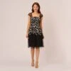 Adrianna Papell Floral Embroidered Midi Dress With Sheer Cap Sleeves In Black Ivory