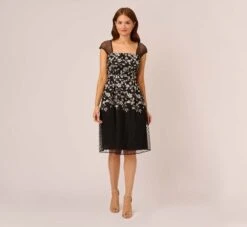 Adrianna Papell Floral Embroidered Midi Dress With Sheer Cap Sleeves In Black Ivory