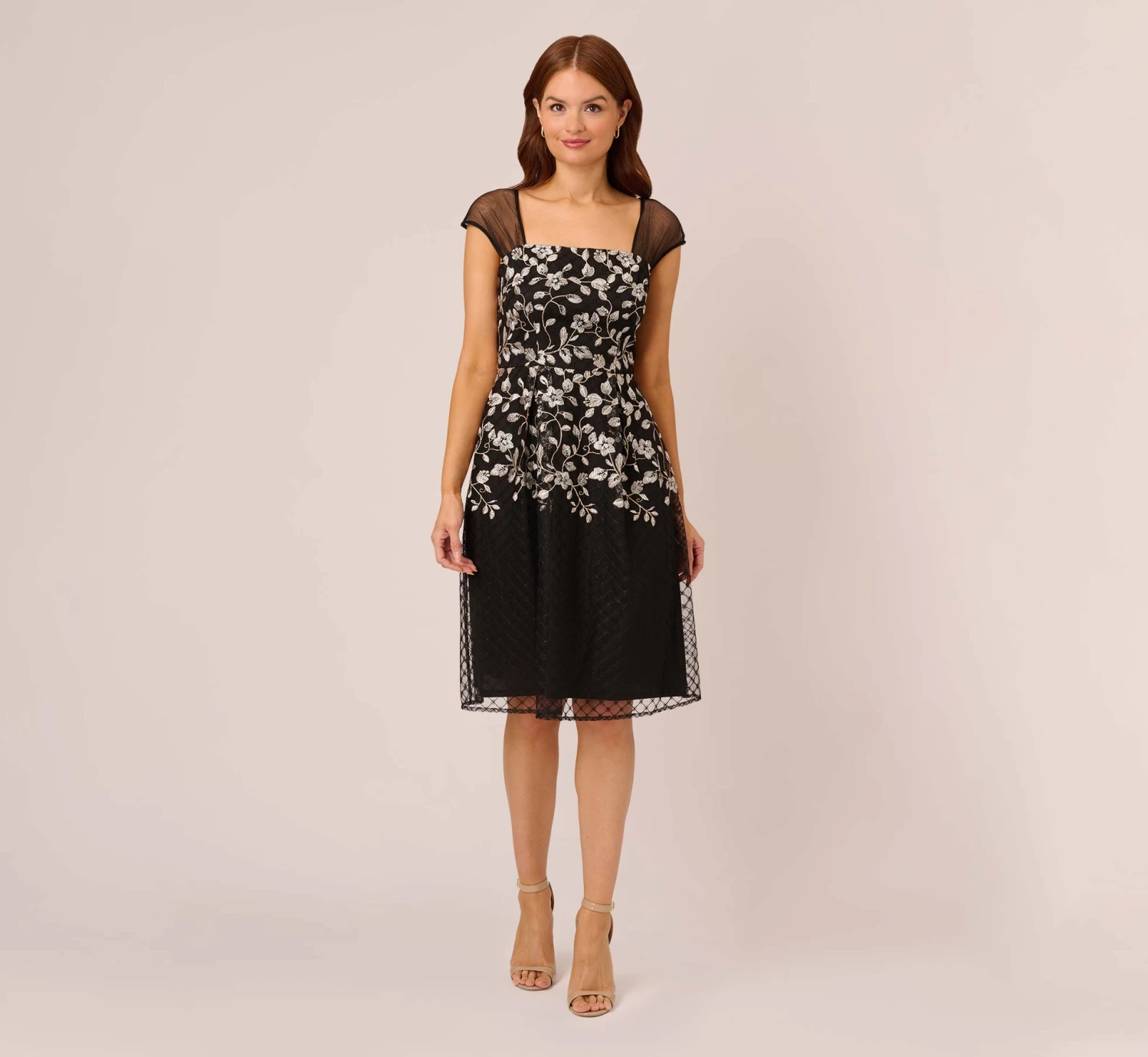 Adrianna Papell Floral Embroidered Midi Dress With Sheer Cap Sleeves In Black Ivory 1 Adrianna Papell Floral Embroidered Midi Dress With Sheer Cap Sleeves In Black Ivory