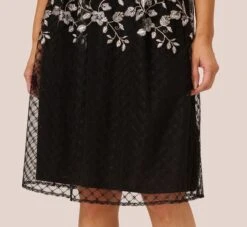 Adrianna Papell Floral Embroidered Midi Dress With Sheer Cap Sleeves In Black Ivory 11 Adrianna Papell Floral Embroidered Midi Dress With Sheer Cap Sleeves In Black Ivory -Allure Attire AP1D105045 AA019 Regular Detail