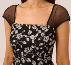 Adrianna Papell Floral Embroidered Midi Dress With Sheer Cap Sleeves In Black Ivory 9 Adrianna Papell Floral Embroidered Midi Dress With Sheer Cap Sleeves In Black Ivory -Allure Attire AP1D105045 AA019 Regular Lifestyle