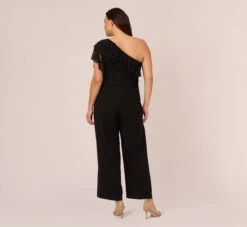 Adrianna Papell Plus Size One Shoulder Crepe Jumpsuit With Lace Ruffle Details In Black -Allure Attire AP1D105049 AA002 Plus Back