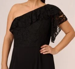 Adrianna Papell Plus Size One Shoulder Crepe Jumpsuit With Lace Ruffle Details In Black -Allure Attire AP1D105049 AA002 Plus Detail