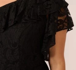 Adrianna Papell Plus Size One Shoulder Crepe Jumpsuit With Lace Ruffle Details In Black -Allure Attire AP1D105049 AA002 Plus Lifestyle