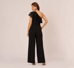 Adrianna Papell One Shoulder Crepe Jumpsuit With Lace Ruffle Details In Black -Allure Attire AP1D105049 AA002 Regular Back