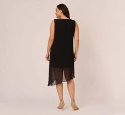 Adrianna Papell Plus Size Sleeveless Chiffon Dress With Cascading Details In Black -Allure Attire AP1D105051 AA002 Plus Back