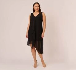 Adrianna Papell Plus Size Sleeveless Chiffon Dress With Cascading Details In Black