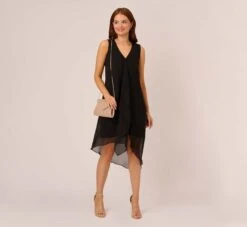 Adrianna Papell Sleeveless Chiffon Dress With Cascading Details In Black