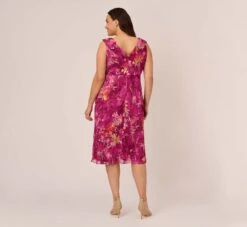 Adrianna Papell Plus Size Metallic Floral Chiffon Midi Dress With Ruffled Neckline In Raspberry Multi -Allure Attire AP1D105052 AJ521 Plus Back