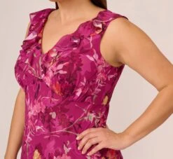 Adrianna Papell Plus Size Metallic Floral Chiffon Midi Dress With Ruffled Neckline In Raspberry Multi -Allure Attire AP1D105052 AJ521 Plus Lifestyle