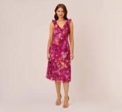 Adrianna Papell Metallic Floral Chiffon Midi Dress With Ruffled Neckline In Raspberry Multi