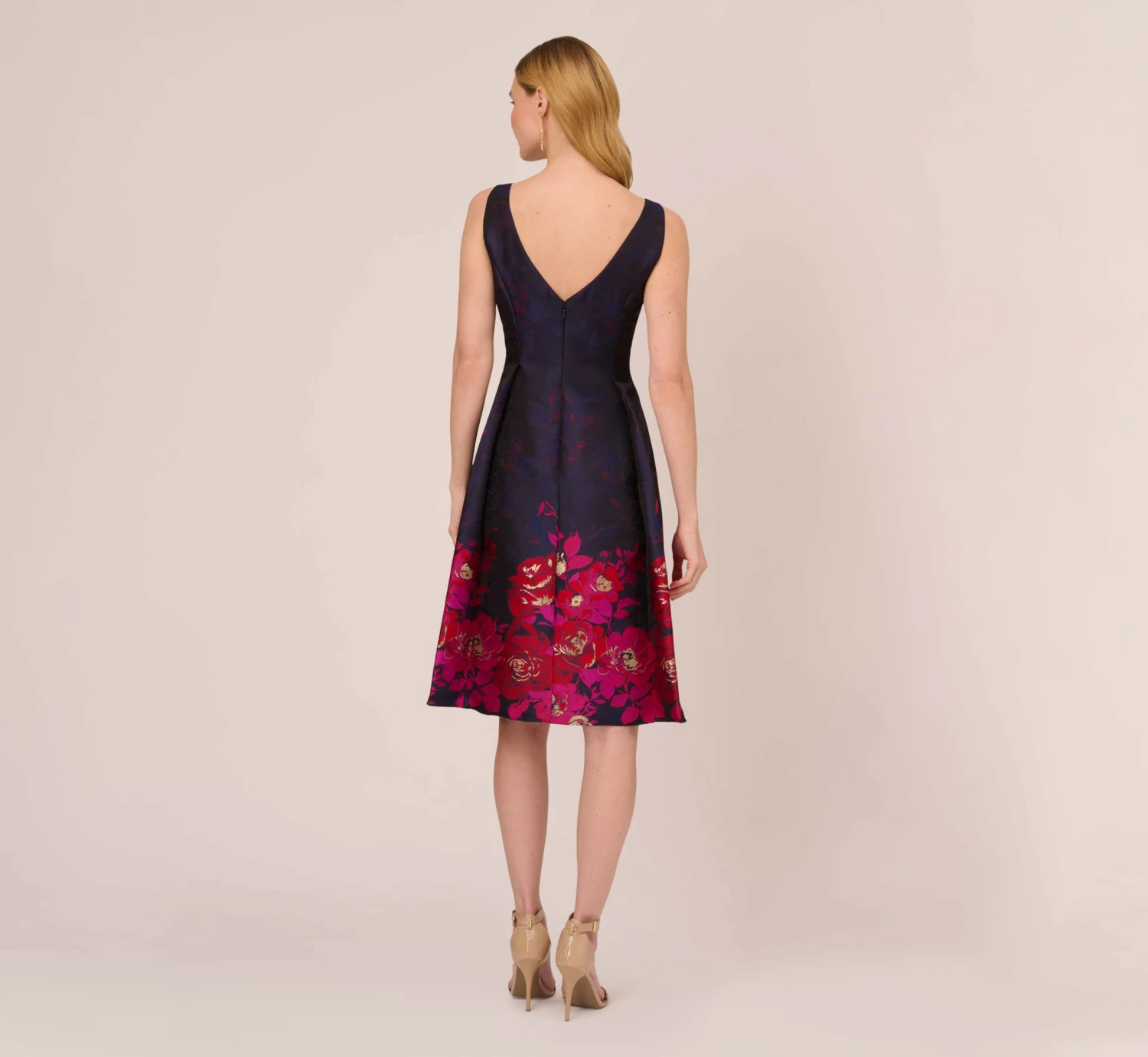Adrianna Papell Jacquard Midi Dress With Metallic Floral Trim In Navy Pink Multi 3 Adrianna Papell Jacquard Midi Dress With Metallic Floral Trim In Navy Pink Multi - Image 3