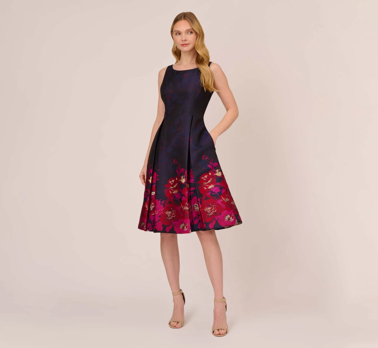 Adrianna Papell Jacquard Midi Dress With Metallic Floral Trim In Navy Pink Multi 7 Adrianna Papell Jacquard Midi Dress With Metallic Floral Trim In Navy Pink Multi - Image 7