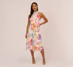 Adrianna Papell Multicolor Floral Chiffon Halter Dress In Ivory Multi