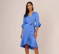 Adrianna Papell Satin Faux Wrap Dress With Ruffled Three-Quarter Sleeves In Precious Peri
