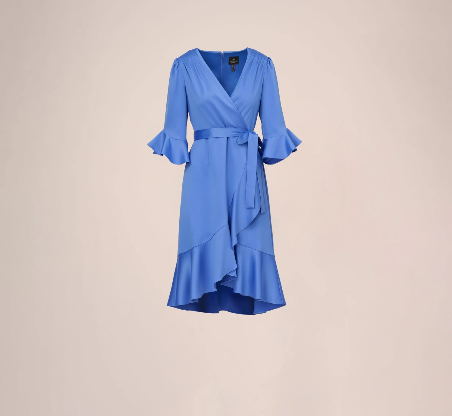 Adrianna Papell Satin Faux Wrap Dress With Ruffled Three-Quarter Sleeves In Precious Peri 9 Adrianna Papell Satin Faux Wrap Dress With Ruffled Three-Quarter Sleeves In Precious Peri - Image 9